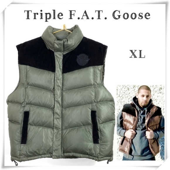 TRIPLE F.A.T. Goose Duck down Puffer Color-block Vest in Green with Black - Picture 1 of 11